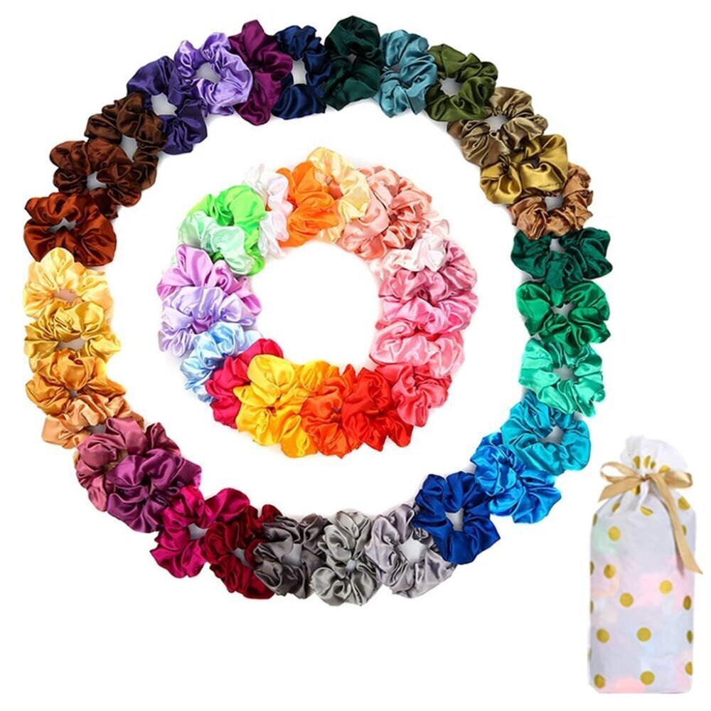 50 Satin Hair Scrunchies in Multiple Colors - Silk Accessories for Curly Hair, T